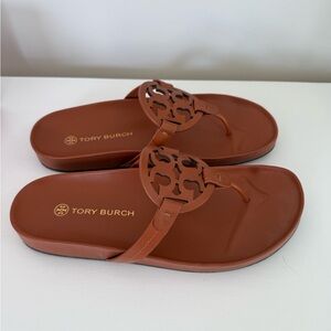 Tory Burch Miller Cloud Aged Camello Brown Leather Sandals Size 10